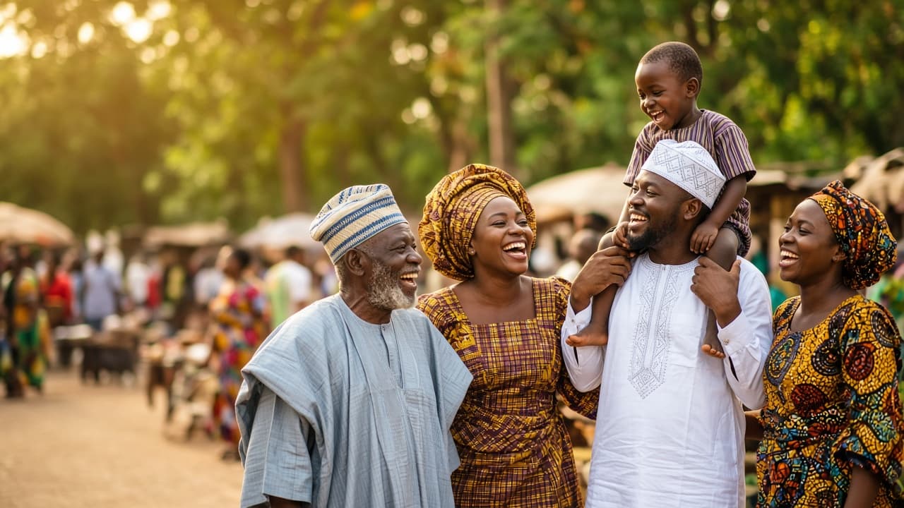 Nigerian family and friends laughing together at a market street